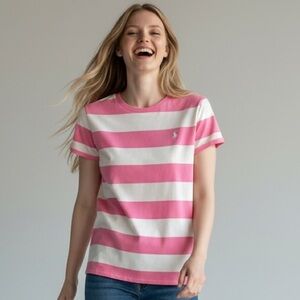 Ralph Lauren Sport pink and white striped tee with white logo. Size L E4